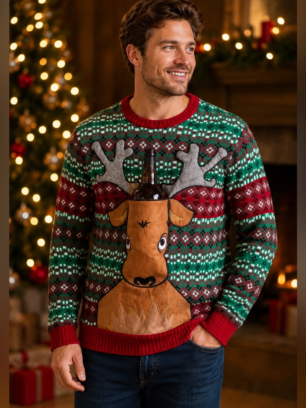 Blizzard Bay Men's M Ugly Christmas Sweater Reindeer Beer Bottle Holder